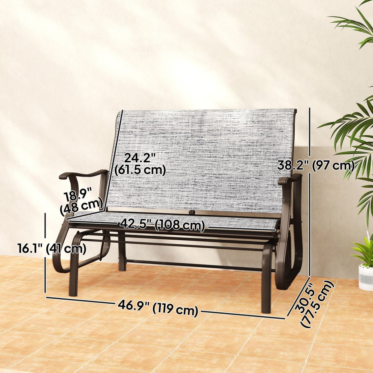 Garden Double Gliding Chair, Patio Glider Armchair for Outdoor, Backyard Mesh Seat and Backrest, Steel Frame, Dark Grey
