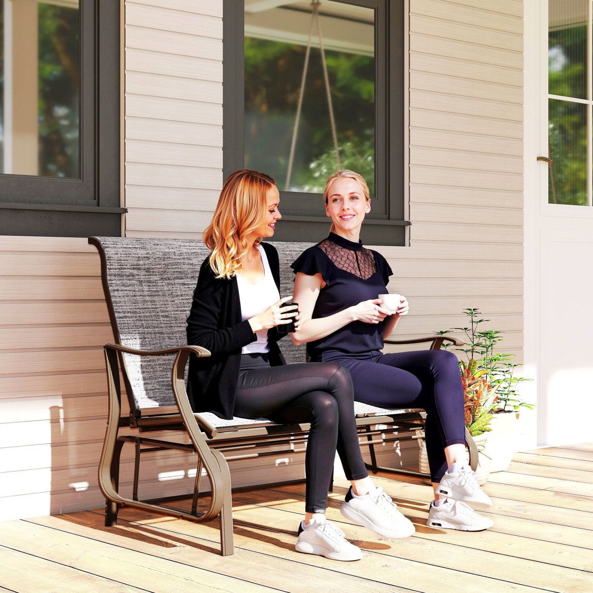Garden Double Gliding Chair, Patio Glider Armchair for Outdoor, Backyard Mesh Seat and Backrest, Steel Frame, Dark Grey