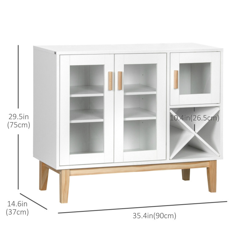 Kitchen Sideboard, Coffee Bar Cabinet, Buffet Cabinet with 4-Bottle Wine Rack, Glass Door and Adjustable Shelves, White