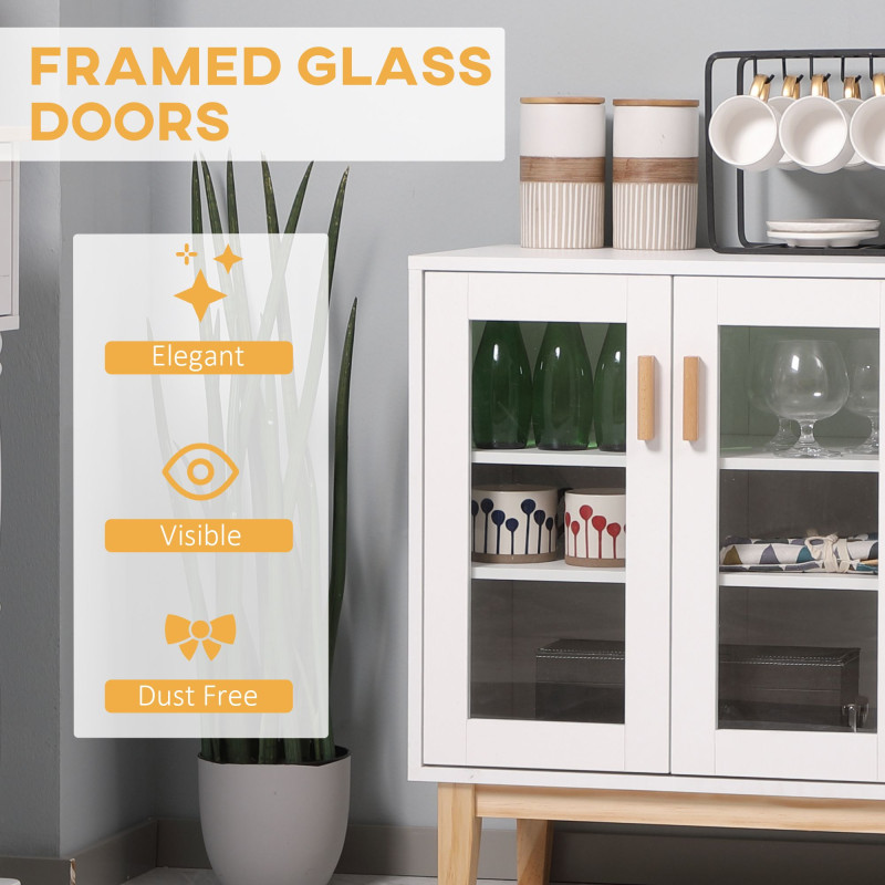 Kitchen Sideboard, Coffee Bar Cabinet, Buffet Cabinet with 4-Bottle Wine Rack, Glass Door and Adjustable Shelves, White