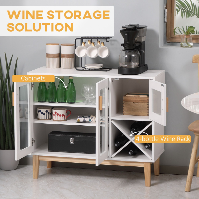 Kitchen Sideboard, Coffee Bar Cabinet, Buffet Cabinet with 4-Bottle Wine Rack, Glass Door and Adjustable Shelves, White