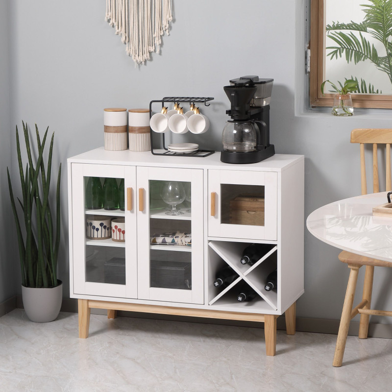 Kitchen Sideboard, Coffee Bar Cabinet, Buffet Cabinet with 4-Bottle Wine Rack, Glass Door and Adjustable Shelves, White