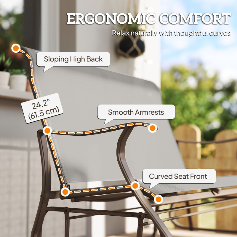 Garden Double Gliding Chair, Patio Glider Armchair for Outdoor, Backyard Mesh Seat and Backrest, Steel Frame, Light Grey