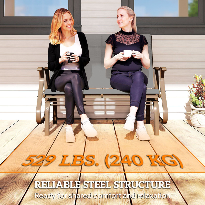 Garden Double Gliding Chair, Patio Glider Armchair for Outdoor, Backyard Mesh Seat and Backrest, Steel Frame, Light Grey