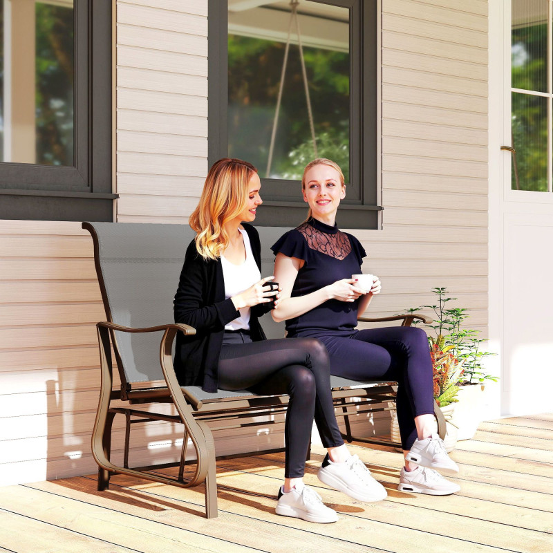 Garden Double Gliding Chair, Patio Glider Armchair for Outdoor, Backyard Mesh Seat and Backrest, Steel Frame, Light Grey
