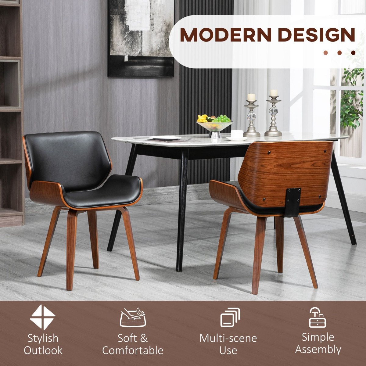 Dining Chairs Set of 2, PU Leather Kitchen Chairs with Upholstered Seats and Solid Wood Legs for Dining Room, Black