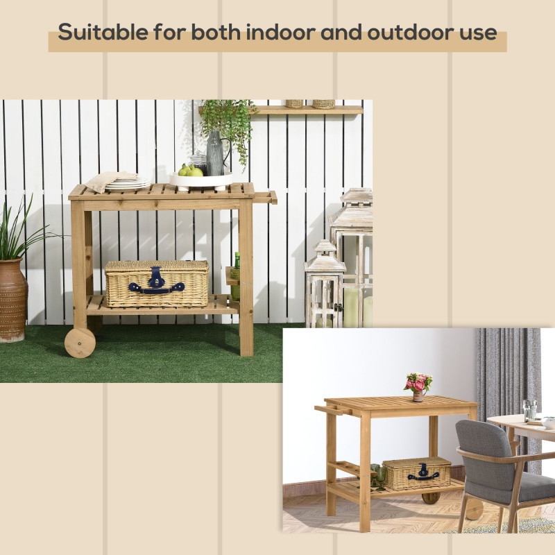 Outdoor Bar Cart, Wood Rolling Home Bar & Serving Cart with 2 Shelves, Wine Bottle Holders for Garden, Dining Room, Natural