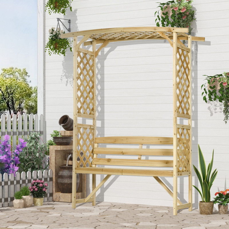Garden Arch with 2 Person Bench, Wooden Garden Arbor Archway Trellis for Climbing Plants, Lawn, Backyard Decor, Natural