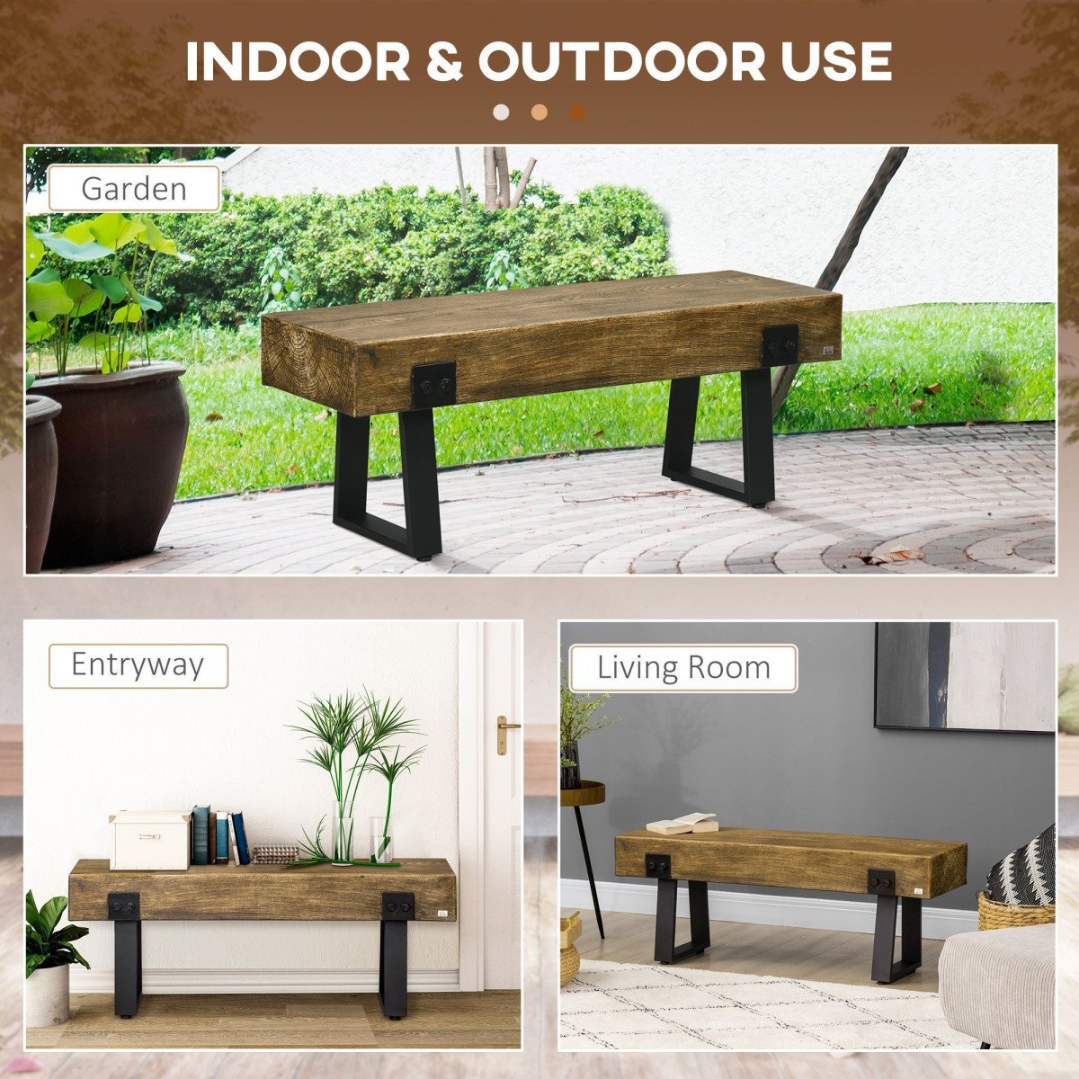 Outdoor Bench, Garden Bench with Metal Legs, Rustic Wood Effect Concrete, Indoor or Outdoor Use for Patio, Park, Porch and Lawn, Natural and Black