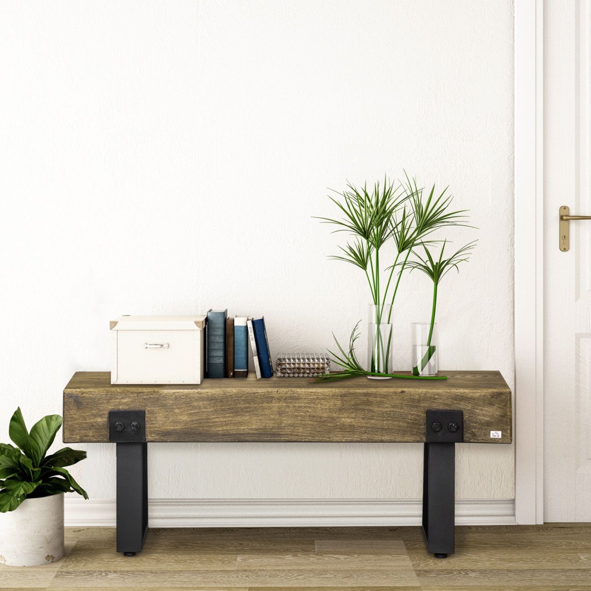 Outdoor Bench, Garden Bench with Metal Legs, Rustic Wood Effect Concrete, Indoor or Outdoor Use for Patio, Park, Porch and Lawn, Natural and Black