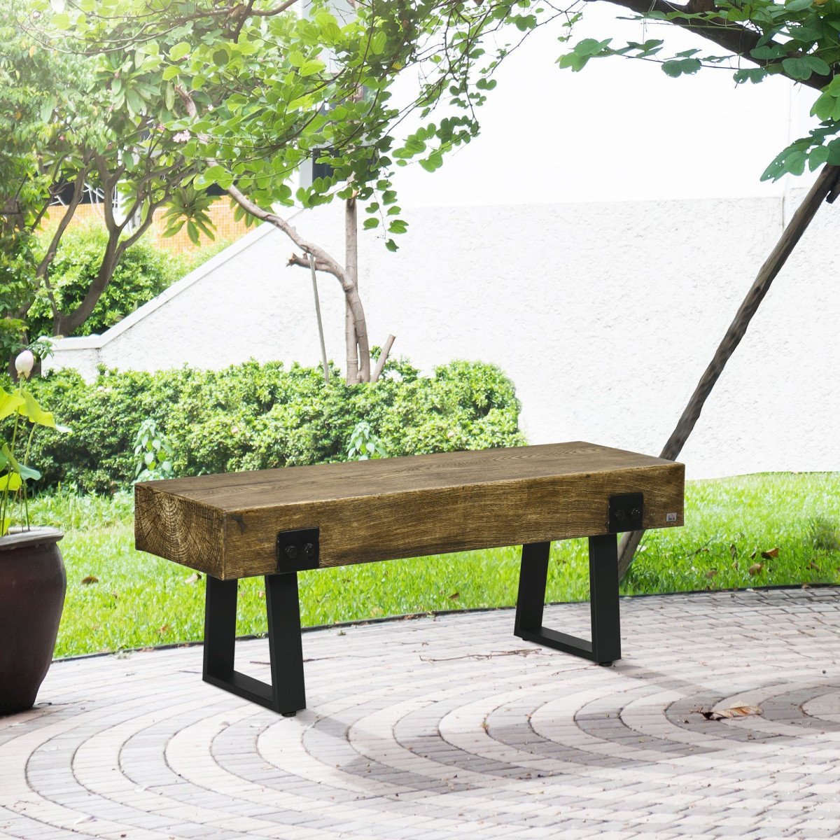 Outdoor Bench, Garden Bench with Metal Legs, Rustic Wood Effect Concrete, Indoor or Outdoor Use for Patio, Park, Porch and Lawn, Natural and Black