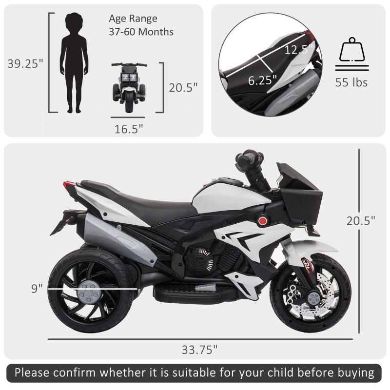 Kids Electric Pedal Motorcycle Ride-On Toy, 6V Battery Powered with Music, Horn, Headlights – Motorbike for Girls and Boys, White