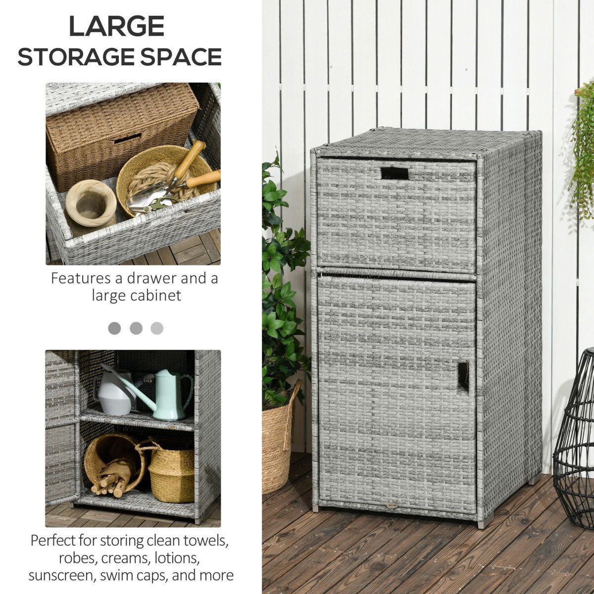 Patio Storage Cabinet, Outdoor Towel Rack for Pool, PE Rattan Wicker Hot Tub Accessory, with Basket Drawer, Mixed Grey