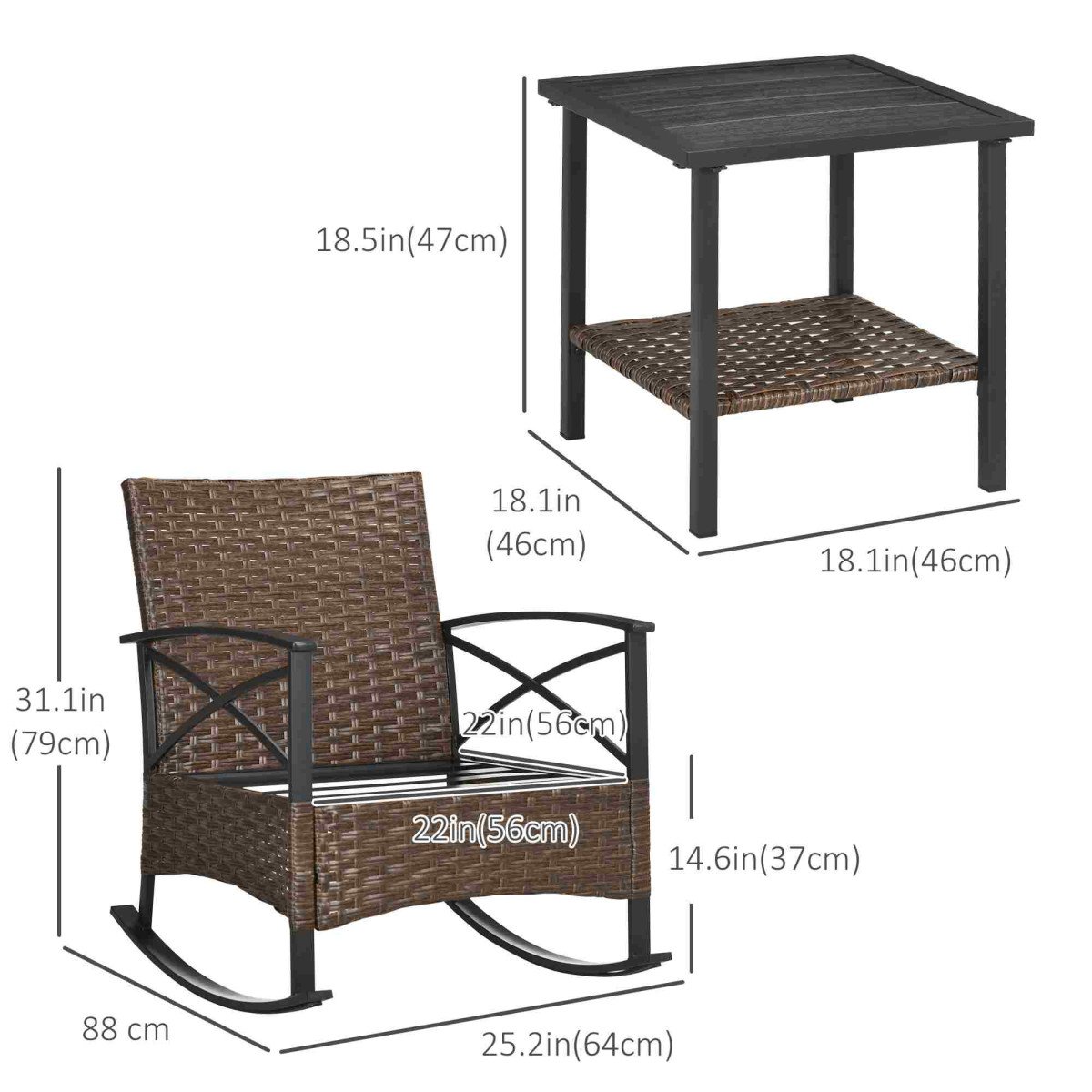 3 Pcs Outdoor PE Rattan Rocking Chair Set, Bistro Set with Two-tier Table, Padded Cushions for Garden, Dark Blue