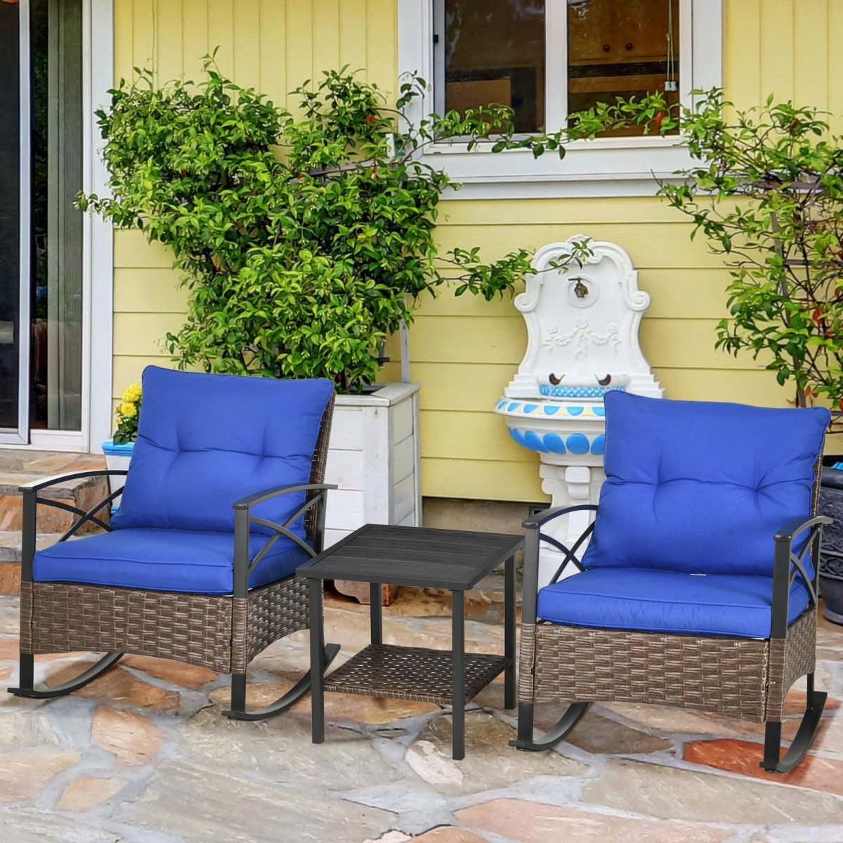 3 Pcs Outdoor PE Rattan Rocking Chair Set, Bistro Set with Two-tier Table, Padded Cushions for Garden, Dark Blue