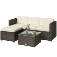 3 Pieces Patio Furniture Set with Cushions, Outdoor PE Rattan Wicker Conversation Corner Sofa Set with Glass Top Table and Adjustable Foot for Garden, Lawn, Cream White