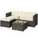 3 Pieces Patio Furniture Set with Cushions, Outdoor PE Rattan Wicker Conversation Corner Sofa Set with Glass Top Table and Adjustable Foot for Garden, Lawn, Cream White