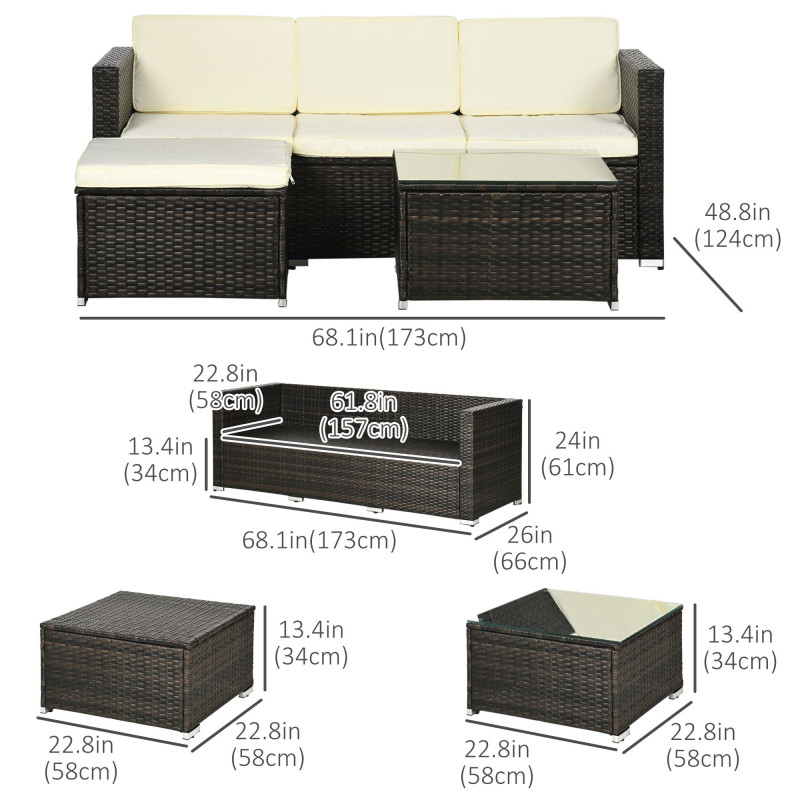 3 Pieces Patio Furniture Set with Cushions, Outdoor PE Rattan Wicker Conversation Corner Sofa Set with Glass Top Table and Adjustable Foot for Garden, Lawn, Cream White