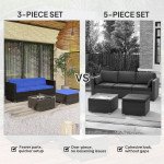 3 Pieces Patio Furniture Set with Cushions, Outdoor PE Rattan Wicker Conversation Corner Sofa Set with Glass Top Table and Adjustable Foot for Garden, Lawn, Blue
