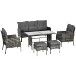 6 Piece Patio Furniture Set with Patio Chairs, Ottomans, Sofa, Glass Top Table and Cushions, Wicker Rattan Outdoor Furniture Set for Backyard, Porch, Grey