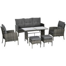 6 Piece Patio Furniture Set with Patio Chairs, Ottomans, Sofa, Glass Top Table and Cushions, Wicker Rattan Outdoor Furniture Set for Backyard, Porch, Grey