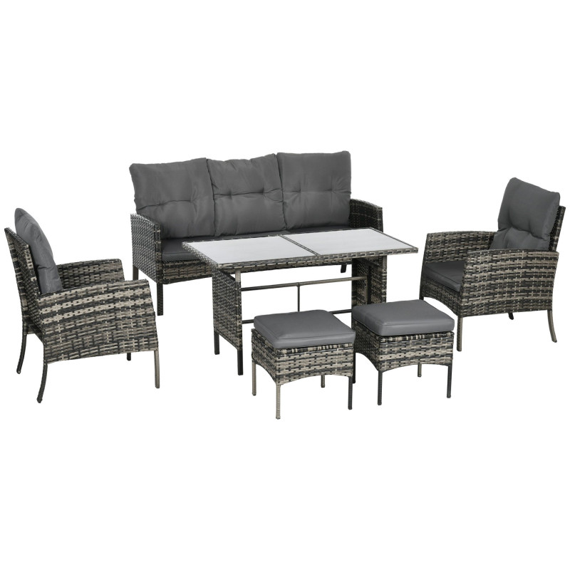 6 Piece Patio Furniture Set with Patio Chairs, Ottomans, Sofa, Glass Top Table and Cushions, Wicker Rattan Outdoor Furniture Set for Backyard, Porch, Grey