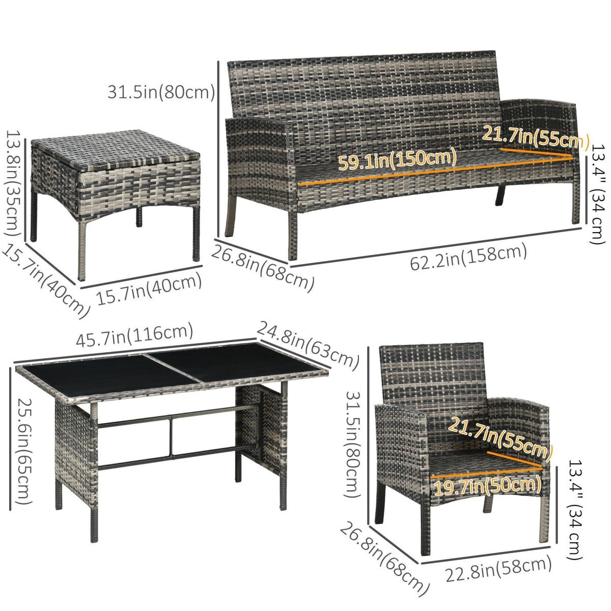 6 Piece Patio Furniture Set with Patio Chairs, Ottomans, Sofa, Glass Top Table and Cushions, Wicker Rattan Outdoor Furniture Set for Backyard, Porch, Grey