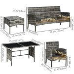 6 Piece Patio Furniture Set with Patio Chairs, Ottomans, Sofa, Glass Top Table and Cushions, Wicker Rattan Outdoor Furniture Set for Backyard, Porch, Grey