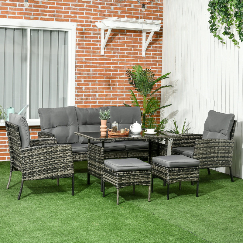 6 Piece Patio Furniture Set with Patio Chairs, Ottomans, Sofa, Glass Top Table and Cushions, Wicker Rattan Outdoor Furniture Set for Backyard, Porch, Grey