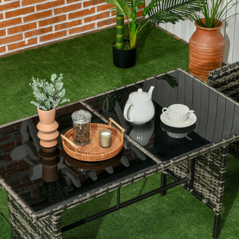 6 Piece Patio Furniture Set with Patio Chairs, Ottomans, Sofa, Glass Top Table and Cushions, Wicker Rattan Outdoor Furniture Set for Backyard, Porch, Grey