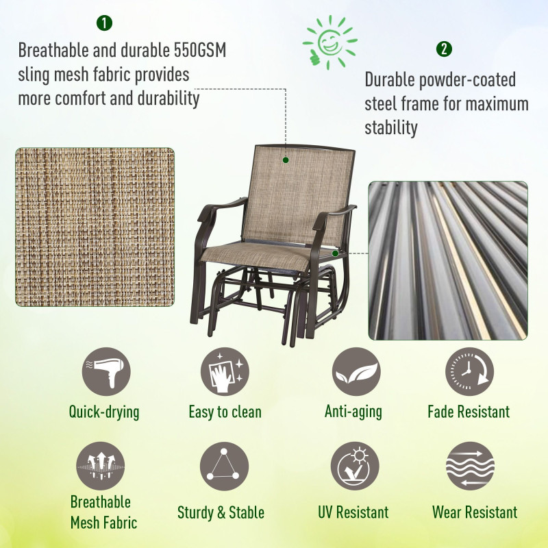 3 Piece Patio Glider Set Outdoor Gliders with Breathable Mesh Seat, Glass Top Table for Garden, Yard, Mixed Brown