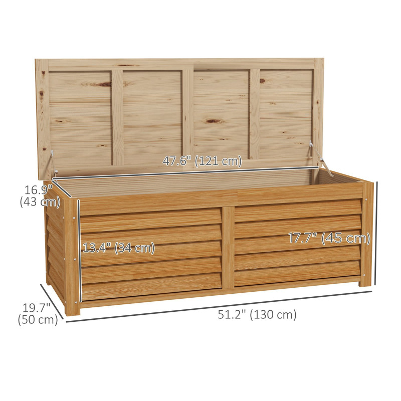 176L Outdoor Storage Box, Wooden Deck Storage Container with 2 Safety Hinges for Balcony, Porch, Poolside, Light Brown