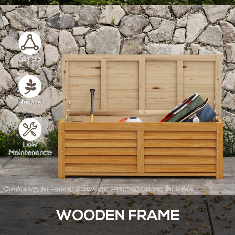 176L Outdoor Storage Box, Wooden Deck Storage Container with 2 Safety Hinges for Balcony, Porch, Poolside, Light Brown