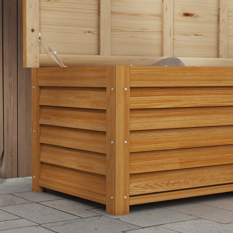 176L Outdoor Storage Box, Wooden Deck Storage Container with 2 Safety Hinges for Balcony, Porch, Poolside, Light Brown