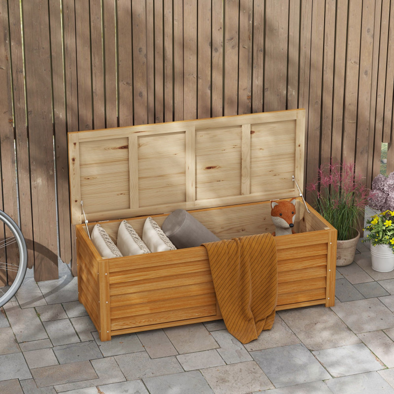 176L Outdoor Storage Box, Wooden Deck Storage Container with 2 Safety Hinges for Balcony, Porch, Poolside, Light Brown