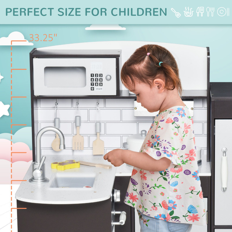 Qaba Kids Kitchen Play Cooking Toy Set for Children with Drinking Fountain, Microwave, Accessories, Dark Brown