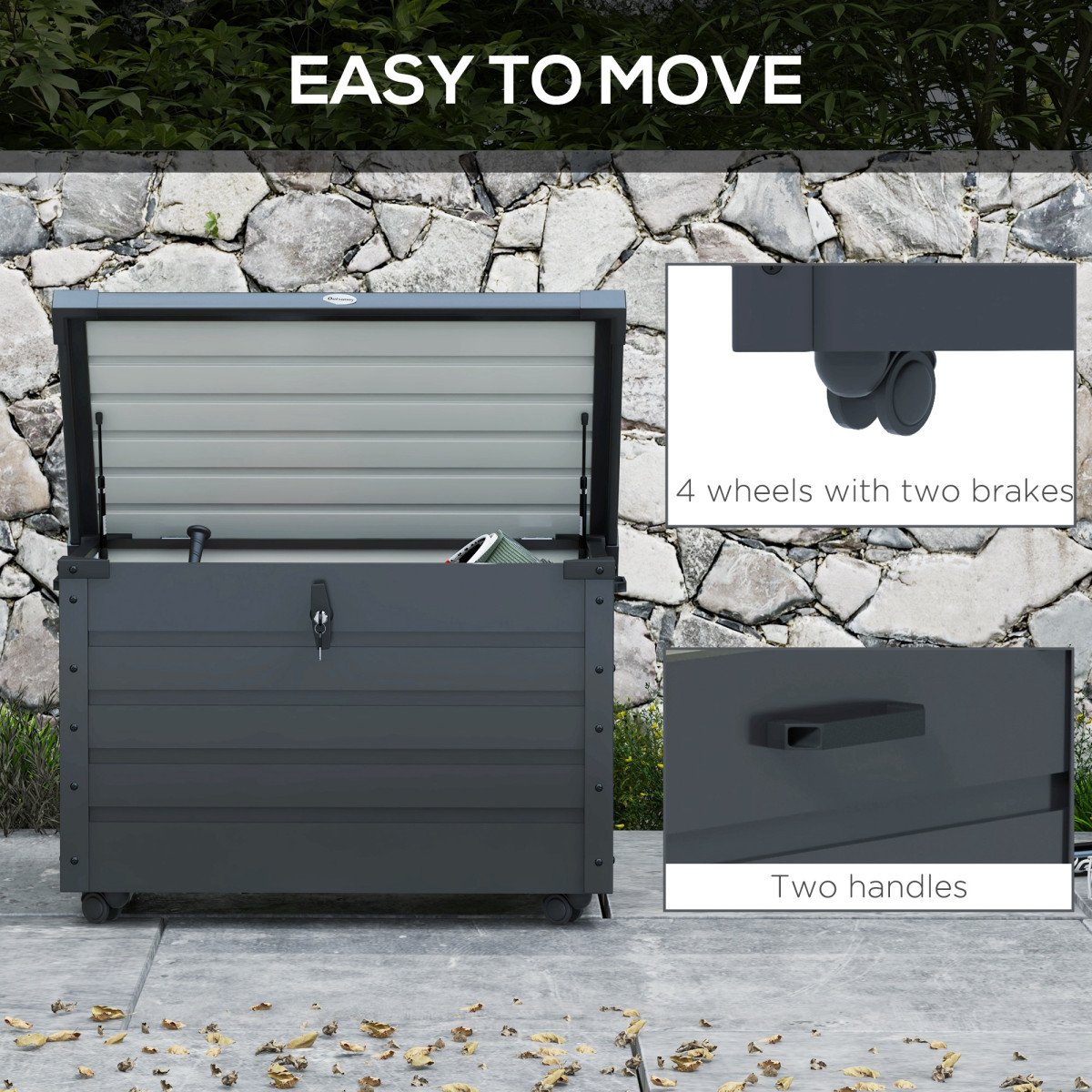 78 Gallon Garden Storage Box, Waterproof Outdoor Storage Container with Wheels and Handles, Dark Grey