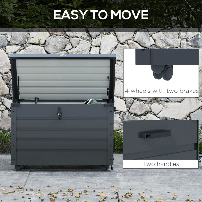 78 Gallon Garden Storage Box, Waterproof Outdoor Storage Container with Wheels and Handles, Dark Grey