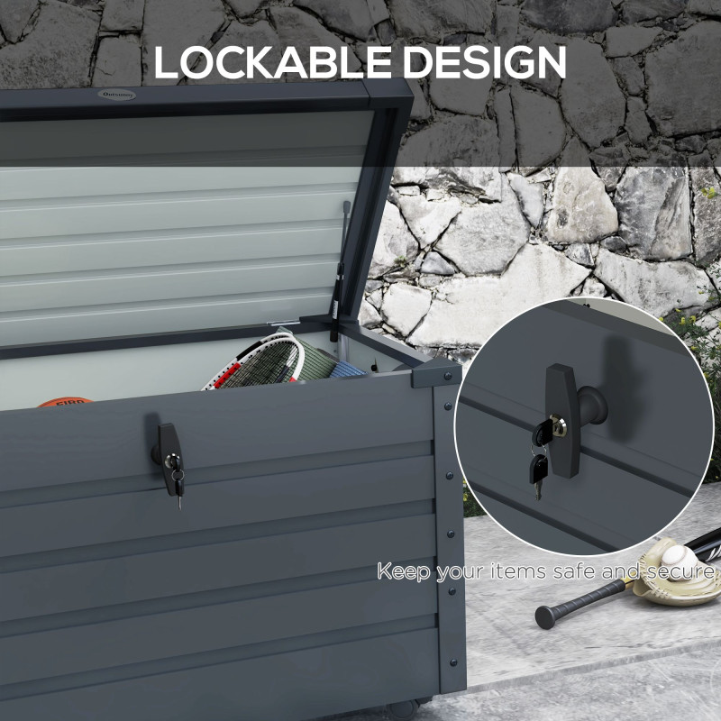 78 Gallon Garden Storage Box, Waterproof Outdoor Storage Container with Wheels and Handles, Dark Grey