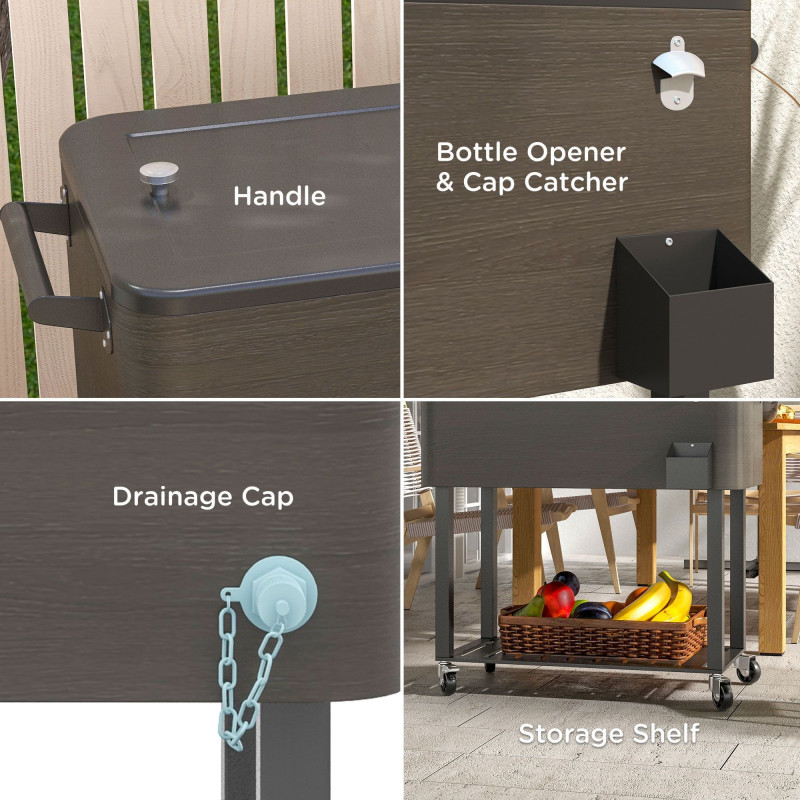 Outdoor Beverage Cooler Bar Cart, 67-Qt Patio Cooler Cart Rolling Ice Chest with Shelf, Bottle Opener and Wheels, Grey
