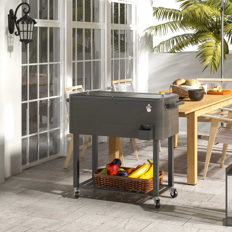 Outdoor Beverage Cooler Bar Cart, 67-Qt Patio Cooler Cart Rolling Ice Chest with Shelf, Bottle Opener and Wheels, Grey