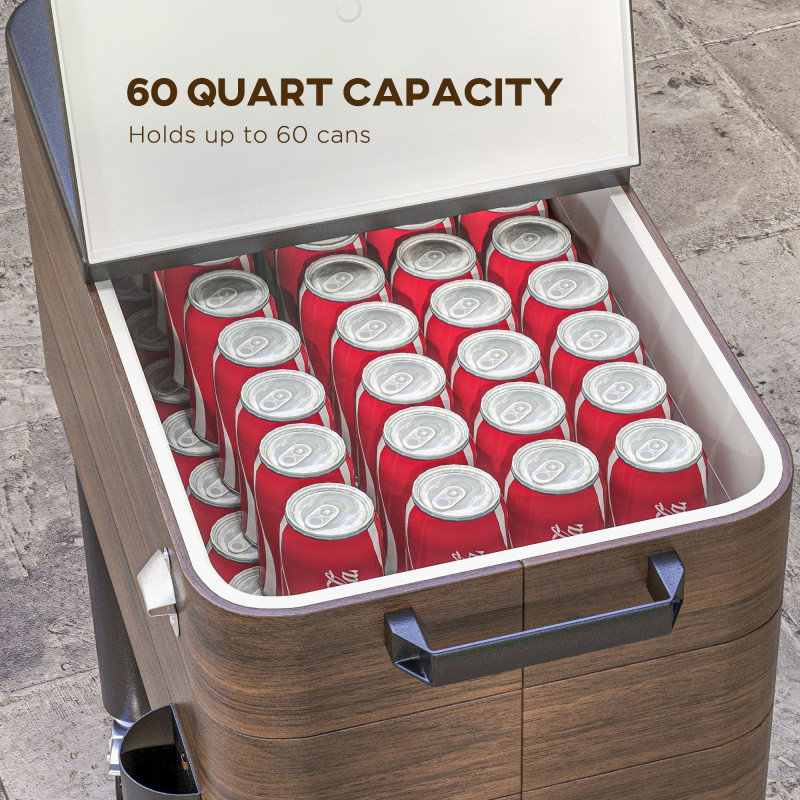 Patio Cooler, 60qt Portable Outdoor Cooler with Locking Wheels, Storage Shelf, Bottle Opener for Patio Backyard, Brown