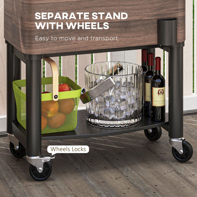 Patio Cooler, 60qt Portable Outdoor Cooler with Locking Wheels, Storage Shelf, Bottle Opener for Patio Backyard, Brown