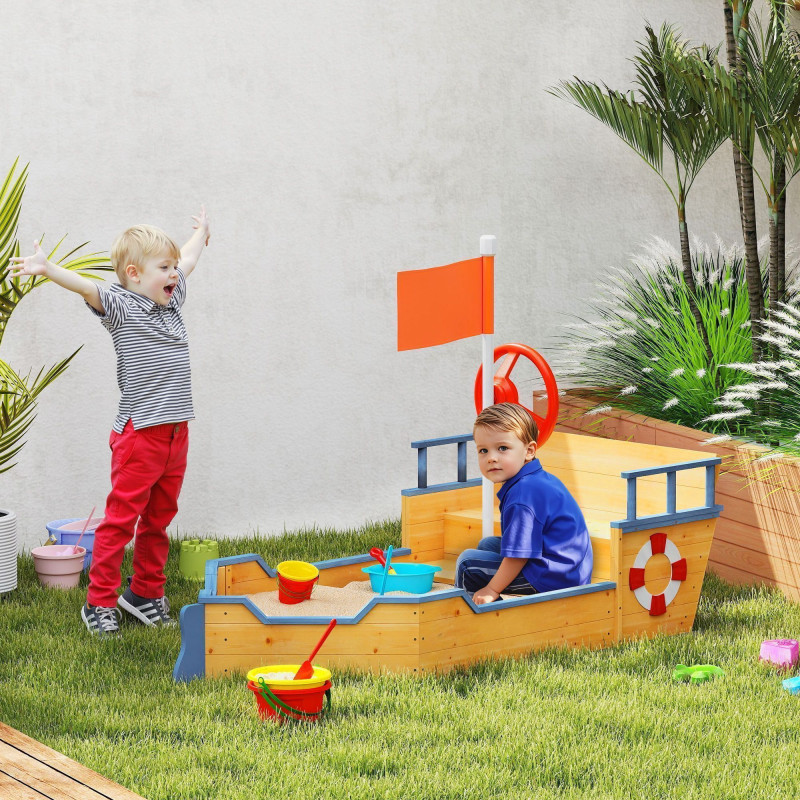 Kids Wooden Sandbox Pirate Ship Sandboat Outdoor Backyard Playset Children Sandpit w/ Bench Seat Storage Space & Flag for 3-6 Years Old