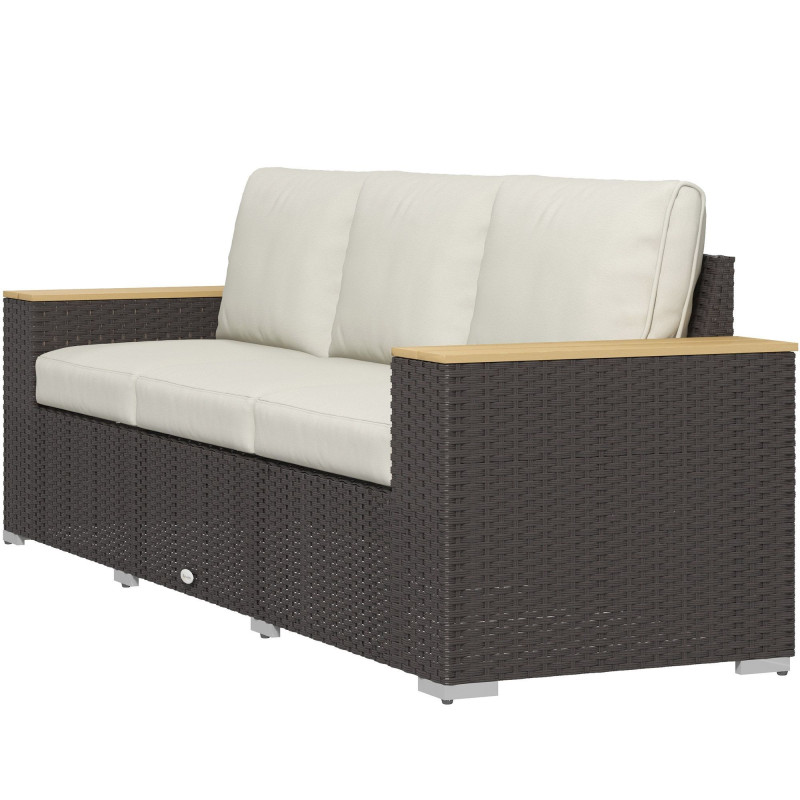 3-Seat Outdoor Couch with Cushions, PE Rattan Patio Couch with Wood Grain Armrests, Outdoor Sofa for Porch, Sunroom, Garden, Poolside, Cream White