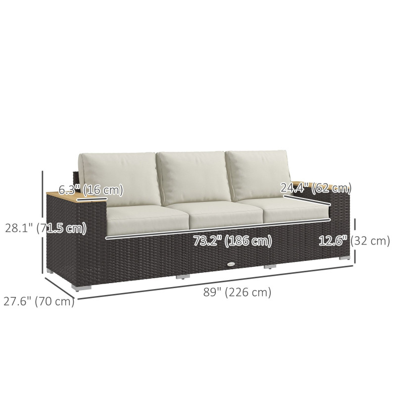 3-Seat Outdoor Couch with Cushions, PE Rattan Patio Couch with Wood Grain Armrests, Outdoor Sofa for Porch, Sunroom, Garden, Poolside, Cream White