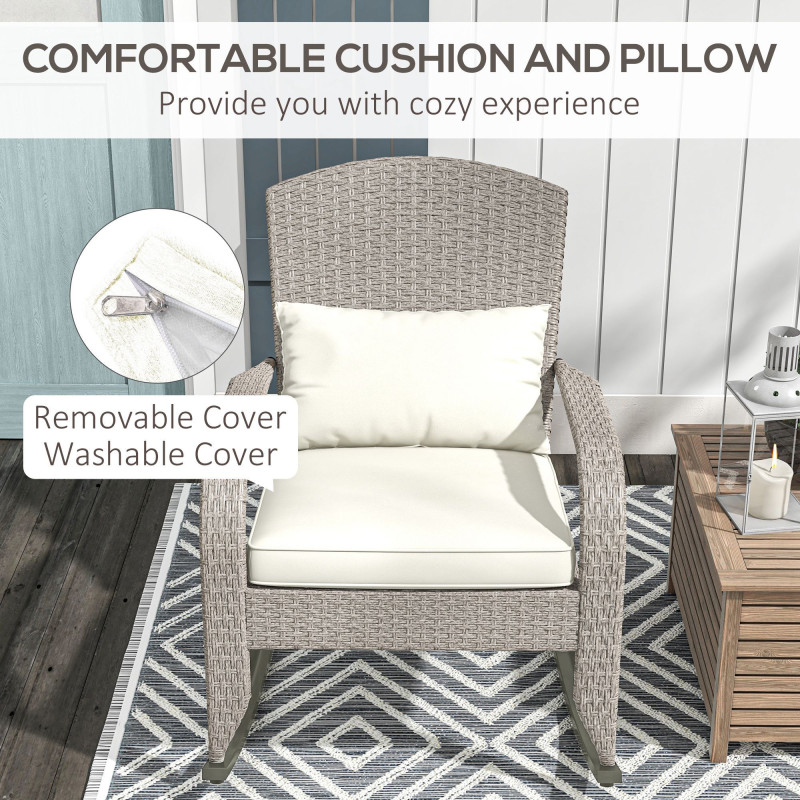 Adirondack Chair, Outdoor Wicker Rocking Chair with High Back, Seat Cushion and Pillow for Porch, Balcony, Cream White