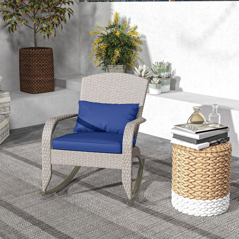 Adirondack Chair, Outdoor Wicker Rocking Chair with High Back, Seat Cushion and Pillow for Porch, Balcony, Dark Blue