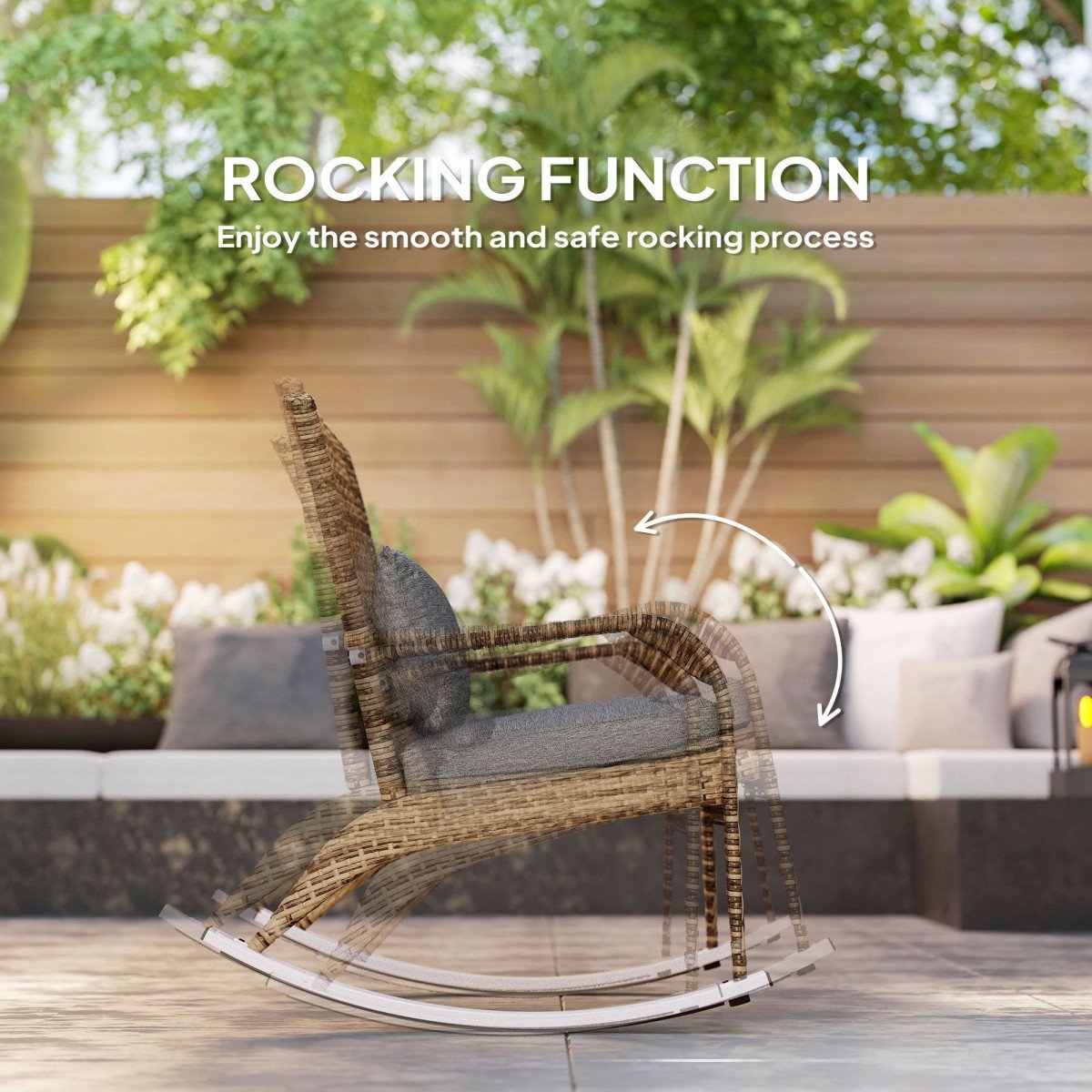 Adirondack Chair, Outdoor Wicker Rocking Chair with High Back, Seat Cushion and Pillow for Porch, Balcony, Grey/Yellow