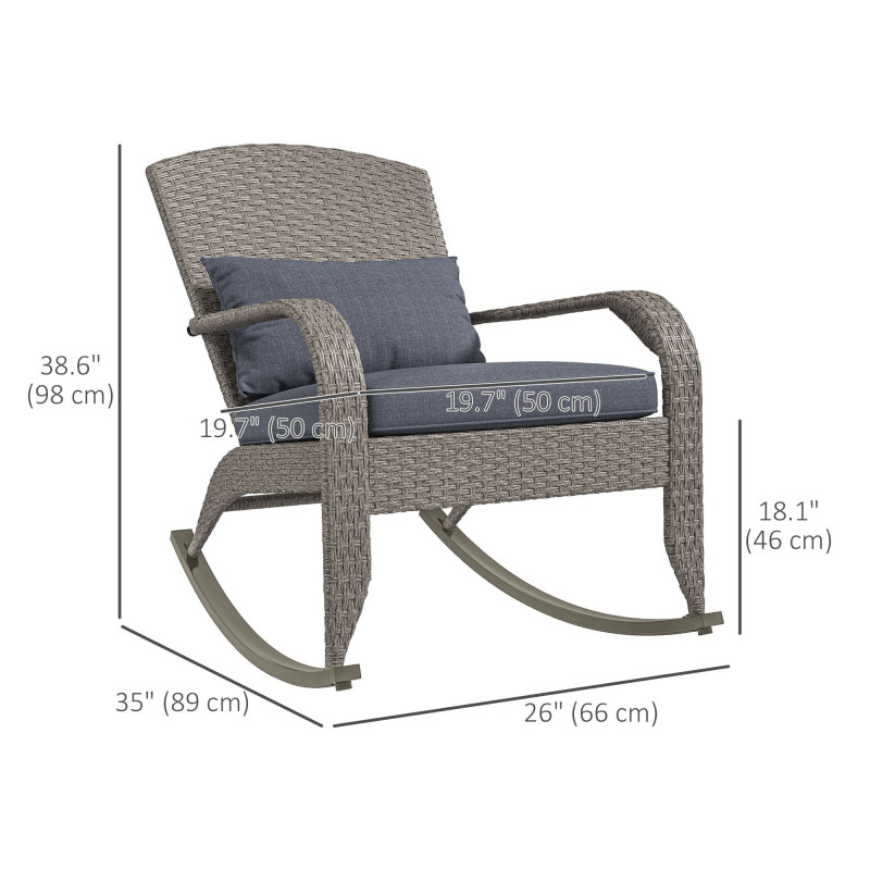 Adirondack Chair, Outdoor Wicker Rocking Chair with High Back, Seat Cushion and Pillow for Porch, Balcony, Grey